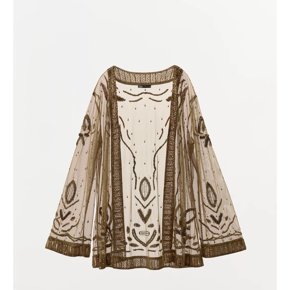 Zara Sheer Embroidered Blouse in Cream and Brown
